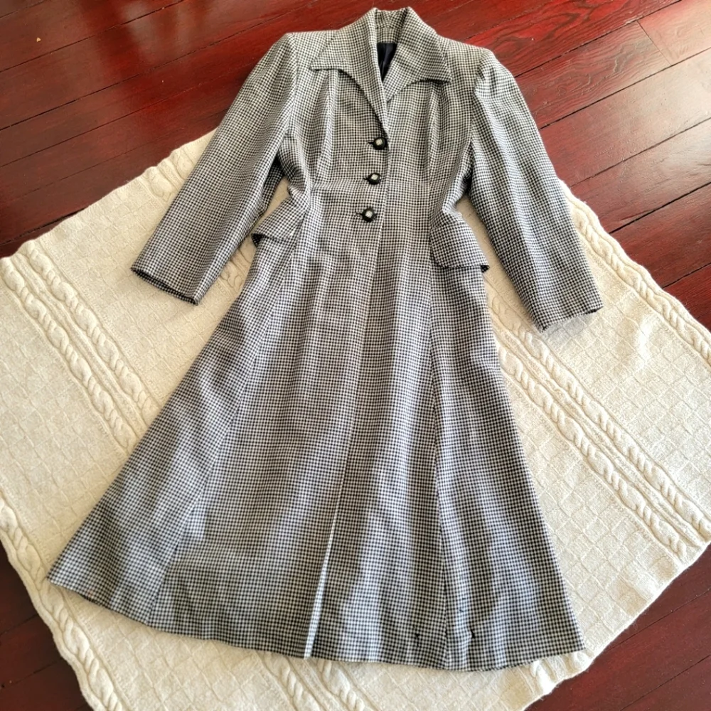 VINTAGE Micro Houndstooth Wool Long Riding Trench Coat Womens S/M Black ivory - Picture 1 of 14